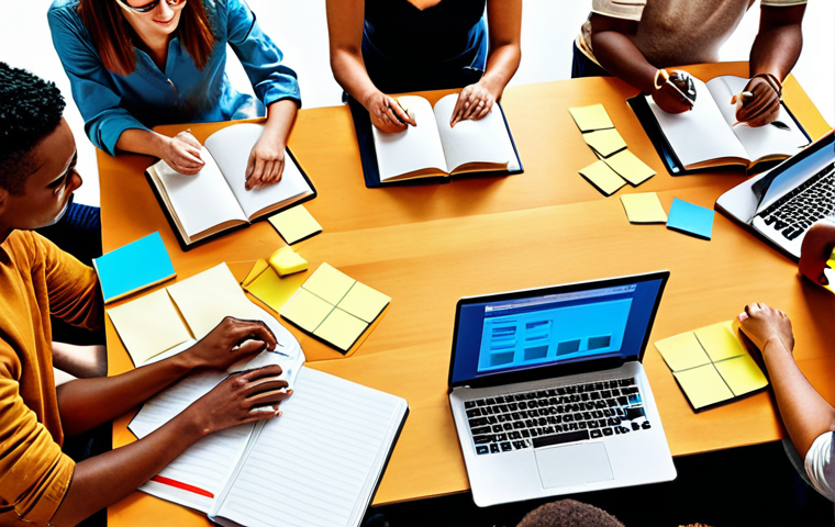 **
A vibrant scene depicting a diverse group of people collaborating around a table, brainstorming ideas. Include sticky notes, laptops, and open books to symbolize knowledge sharing and teamwork. The atmosphere should be energetic and innovative, representing the power of networking and collaborative learning.
**