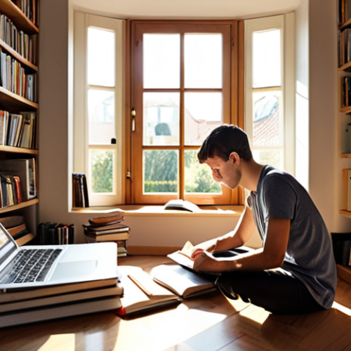 **

`A person studying comfortably at home, surrounded by books and a laptop, with sunlight streaming in. Focus on the peaceful and inviting atmosphere, showcasing self-directed learning. German gemütlichkeit style.`

**