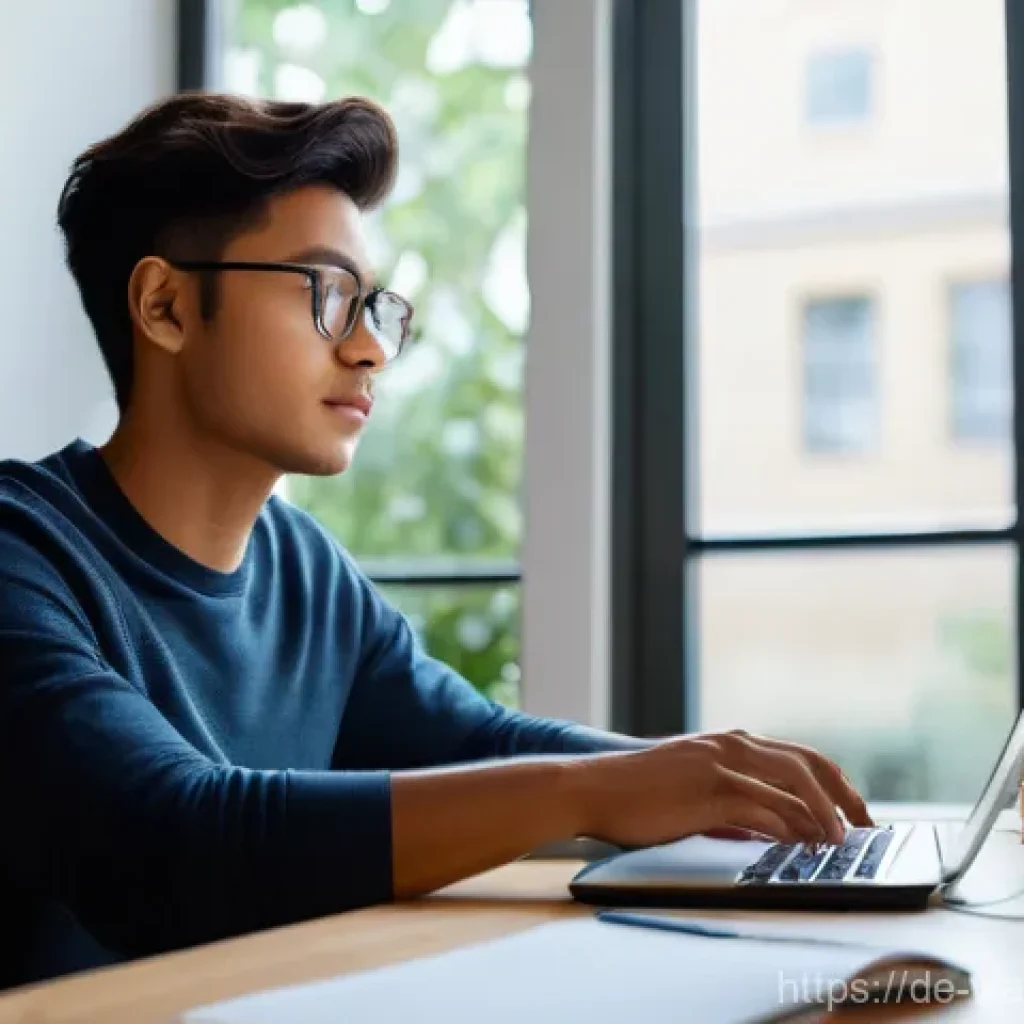 균형 잡힌 학습 환경 조성하기 - **Productive and Ergonomic Study Space:** A young adult, dressed in comfortable but modest casual we...