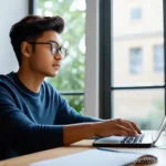 균형 잡힌 학습 환경 조성하기 - **Productive and Ergonomic Study Space:** A young adult, dressed in comfortable but modest casual we...