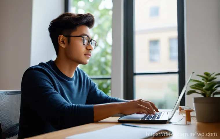 균형 잡힌 학습 환경 조성하기 - **Productive and Ergonomic Study Space:** A young adult, dressed in comfortable but modest casual we...