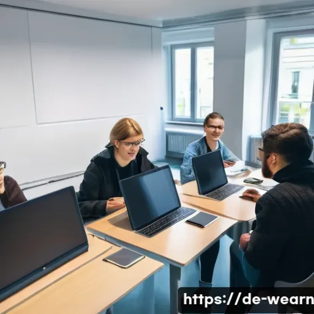 효과적인 피드백을 통한 학습 향상 - A modern digital classroom scene in Germany, showing diverse adult students engaged in an online lea...