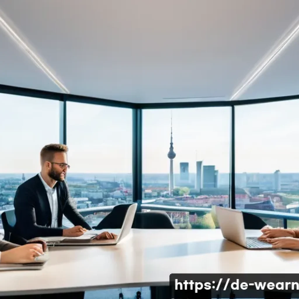 평생학습과 글로벌 마인드셋 - A modern German office scene featuring a diverse group of professionals in business casual attire en...