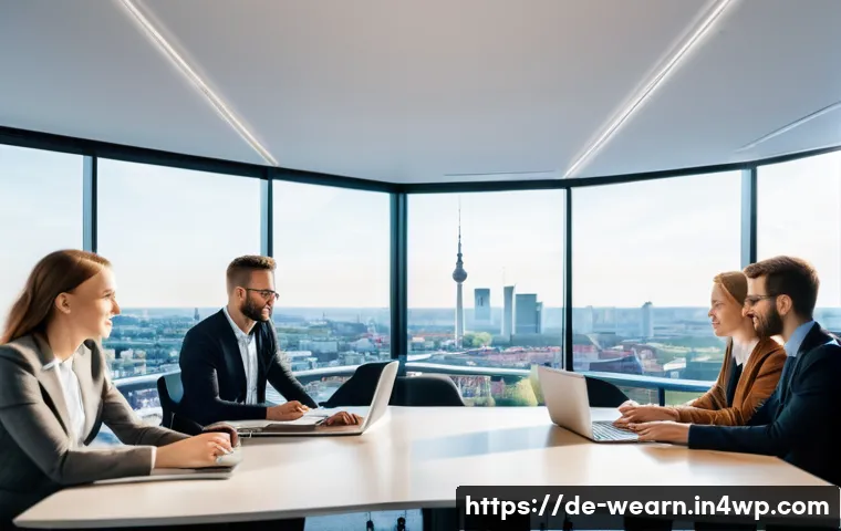 평생학습과 글로벌 마인드셋 - A modern German office scene featuring a diverse group of professionals in business casual attire en...