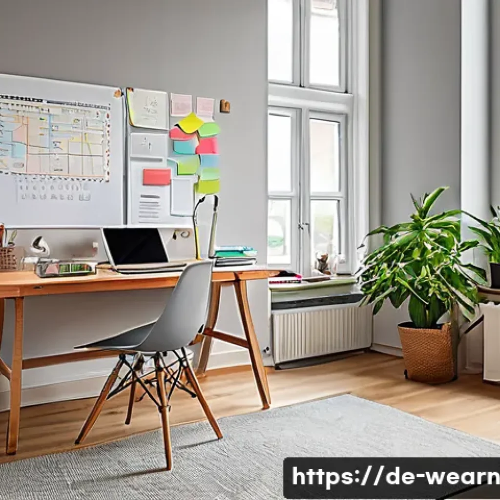 지속 가능한 학습 습관 기르기 - A modern, well-organized German student&rsquo;s study desk bathed in natural daylight from a large window,...