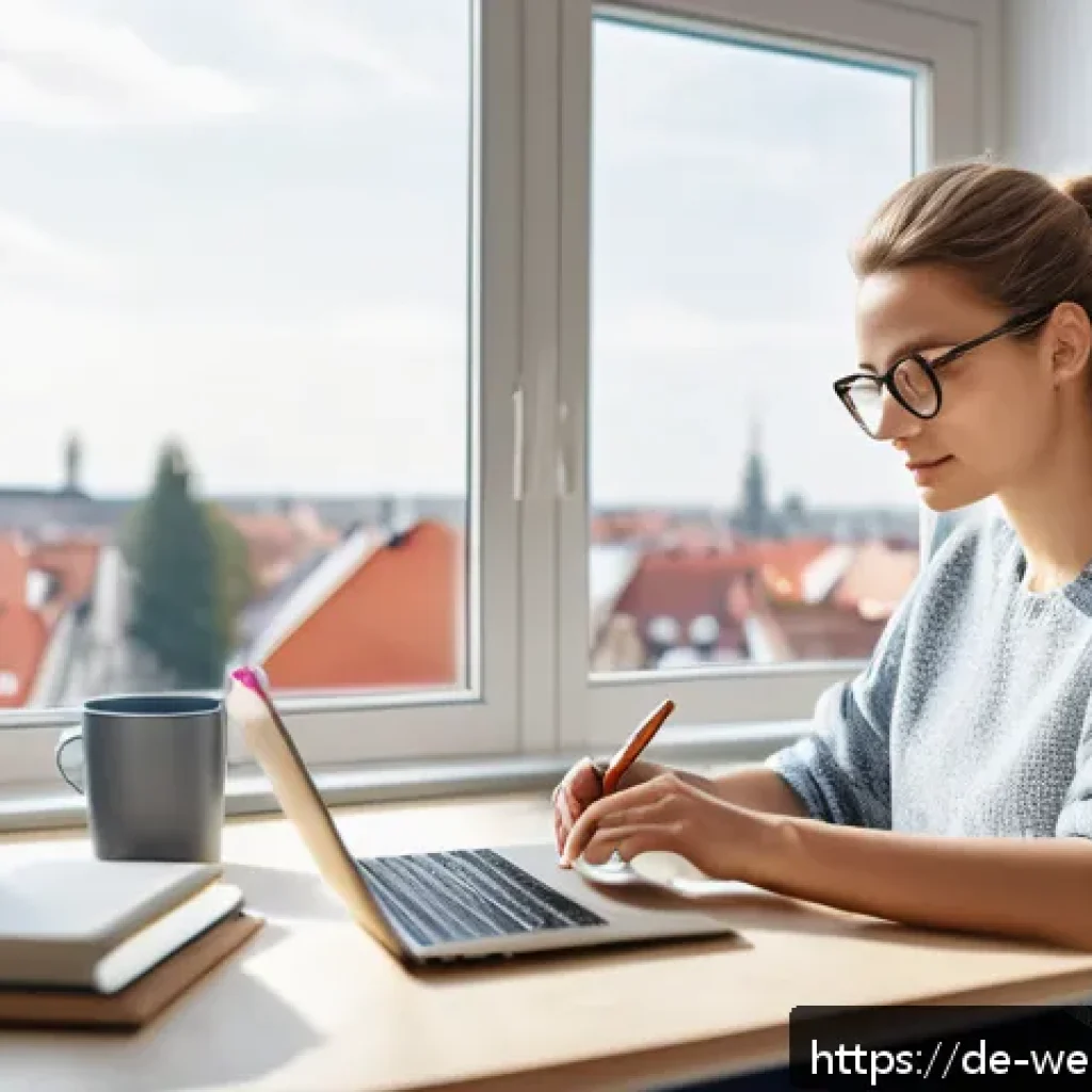 평생학습의 이점과 개인적 성장 - A cozy modern home office scene in a German apartment, featuring a young adult woman studying with a...