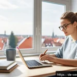 평생학습의 이점과 개인적 성장 - A cozy modern home office scene in a German apartment, featuring a young adult woman studying with a...
