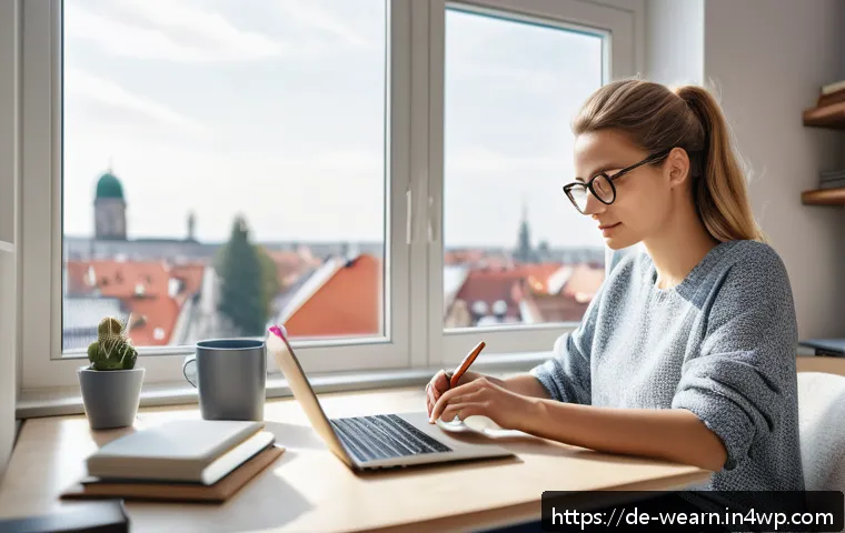 평생학습의 이점과 개인적 성장 - A cozy modern home office scene in a German apartment, featuring a young adult woman studying with a...