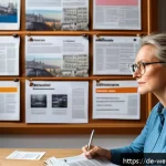 비판적 사고와 평생학습의 연관성 - A modern, cozy study room with a middle-aged German woman thoughtfully reading a newspaper on critic...