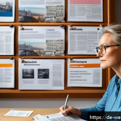비판적 사고와 평생학습의 연관성 - A modern, cozy study room with a middle-aged German woman thoughtfully reading a newspaper on critic...